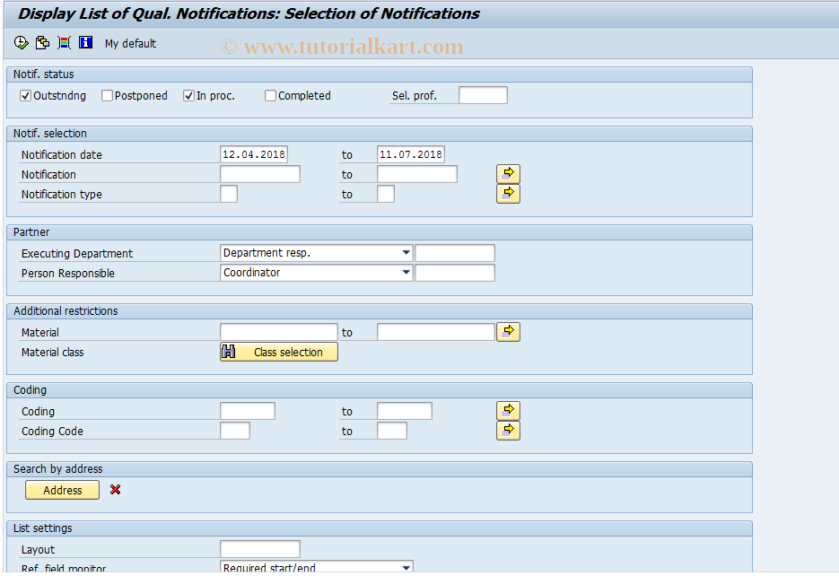 SAP TCode QM11 - Display List of Qual. Notifications