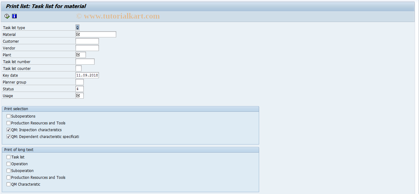 SAP TCode QP08 - Print task lists for material