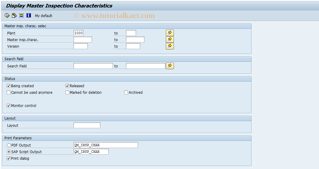 SAP TCode QS28 - Display inspection characteristic list
