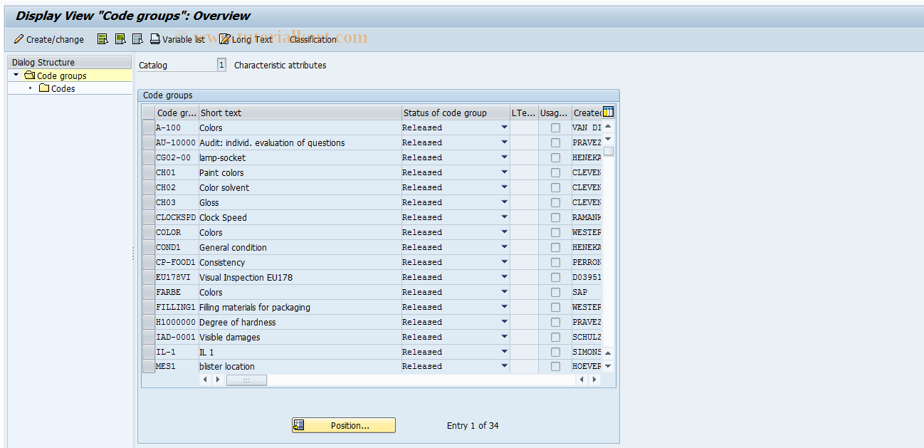 SAP TCode QS45 - Display catalog