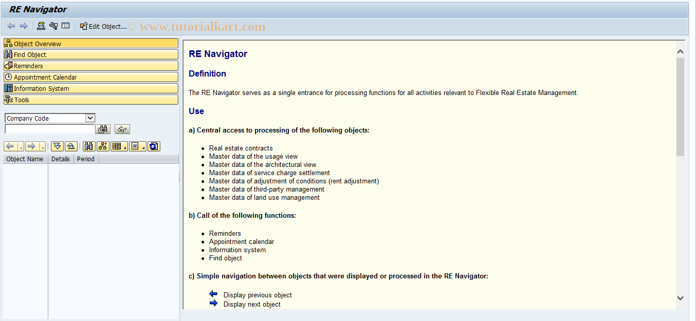 SAP TCode RE80 - RE80: RE Navigator