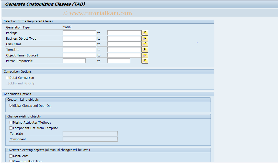 SAP TCode REBFCR01 - Generate Customizing Classes (TAB)
