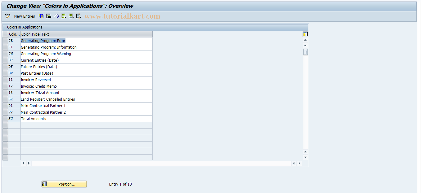 SAP TCode RECACOLORTYPE - Types of Colors