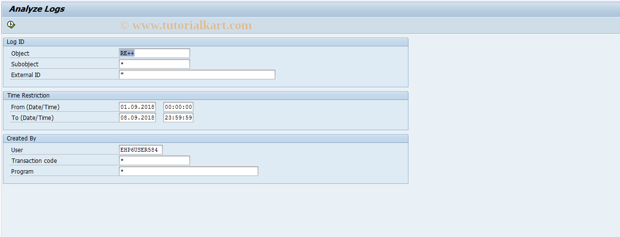 SAP TCode RECALP - Param. for Log Overview (Internal)