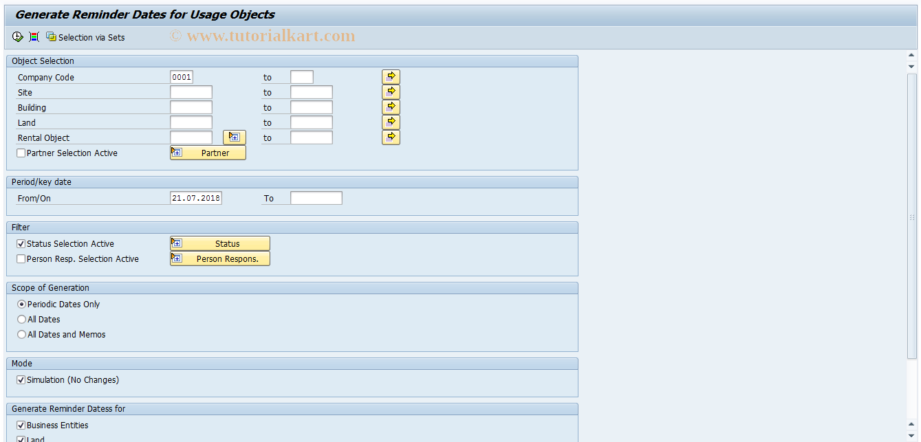 SAP TCode RECARSGENBD - Generate Dates for Usage Objects