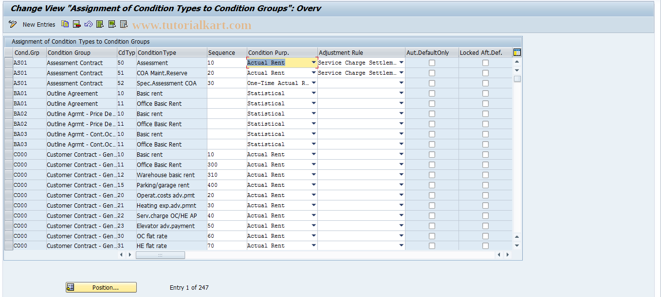 SAP TCode RECDCONDGROUPREL - Maintenance  - Condition Types -> Groups