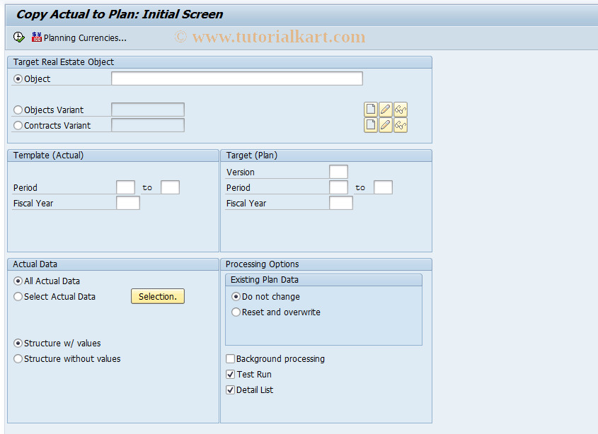 SAP TCode RECOPLACTCOPY - Copy Actual->Plan for Real Estate