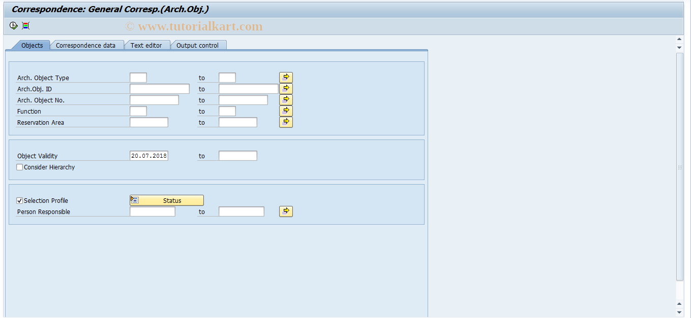 SAP TCode RECPA100 - General Corresp.(Arch.Obj.)