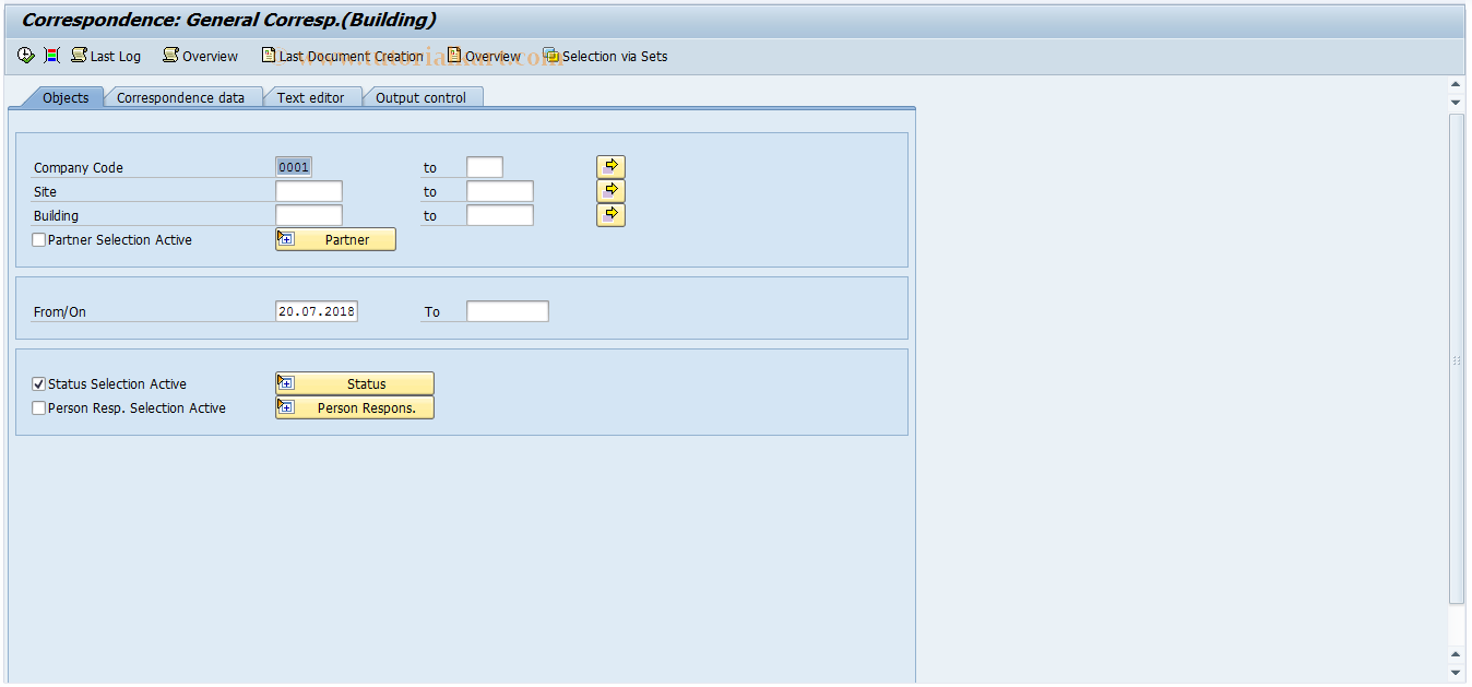 SAP TCode RECPA160 - General Correspondence (Buildings)