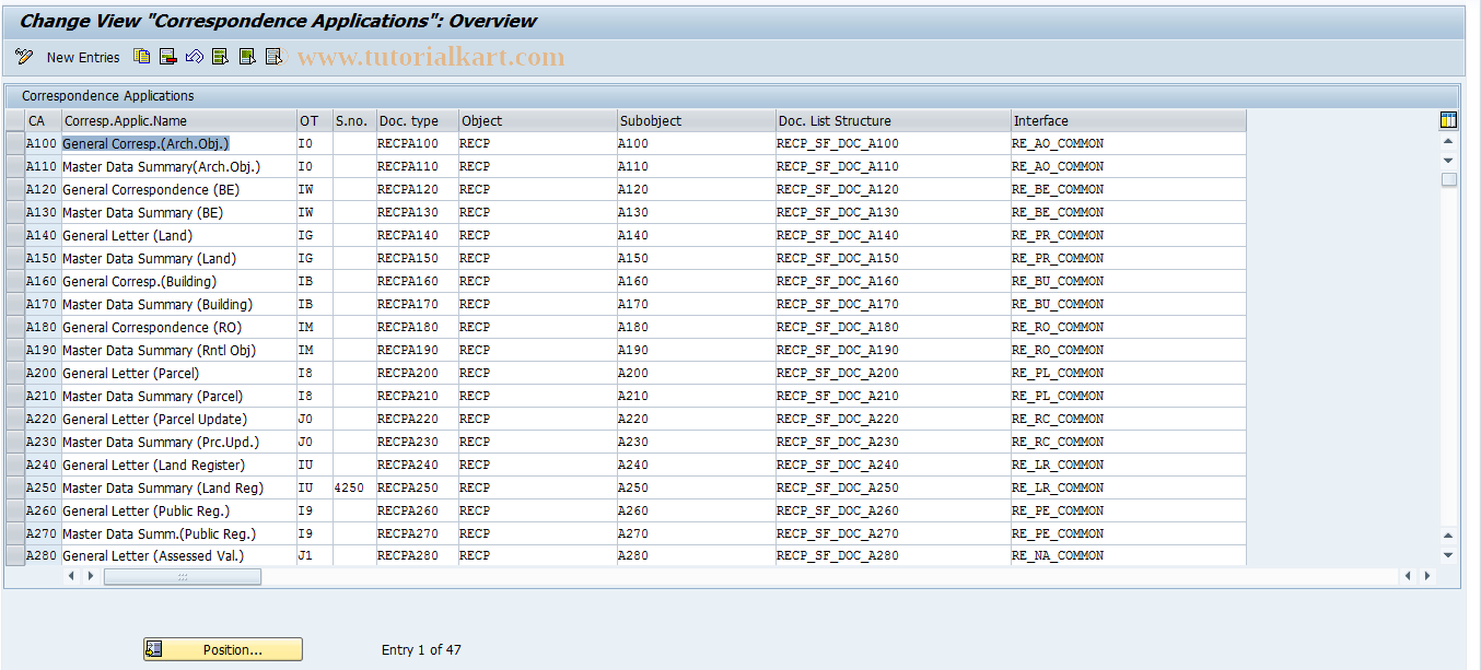 SAP TCode RECPZY - Supported Corresp.Applications