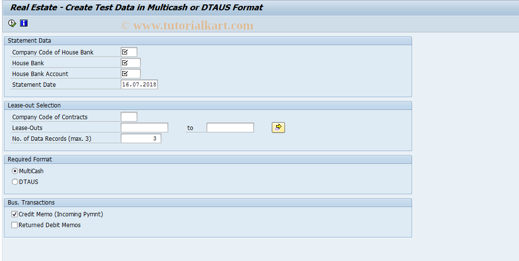 SAP TCode REEXACCSTGNDAT - Electr. Account Statement: Test Data