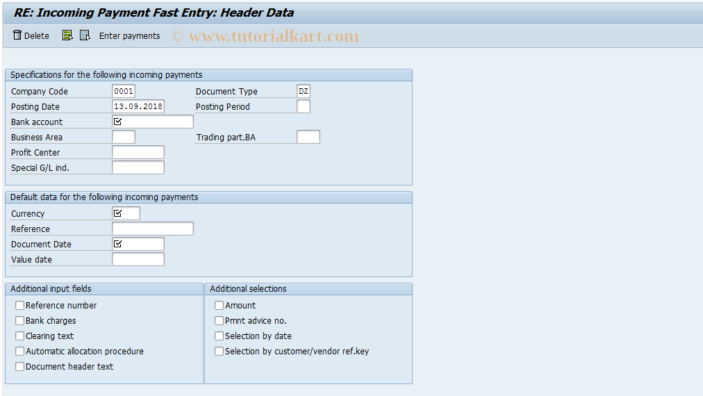 SAP TCode REEXF_26 - RE: Incoming Payment Fast Entry