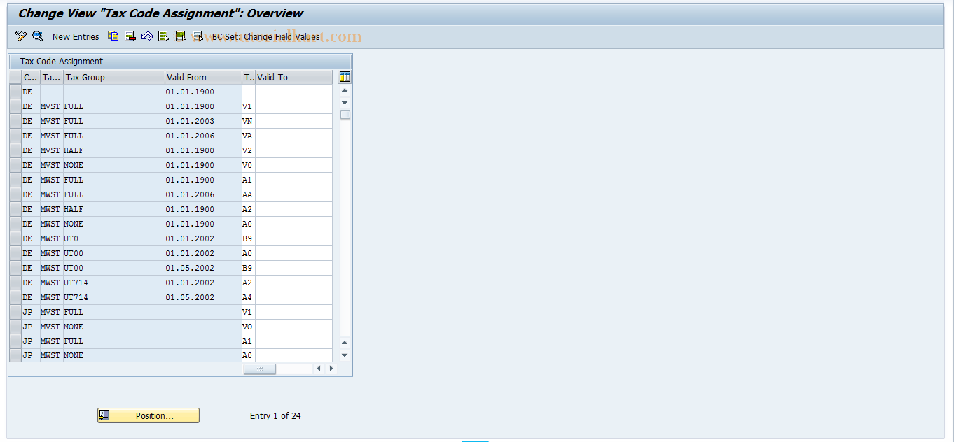 SAP TCode REEXZB - Tax Code Assignment
