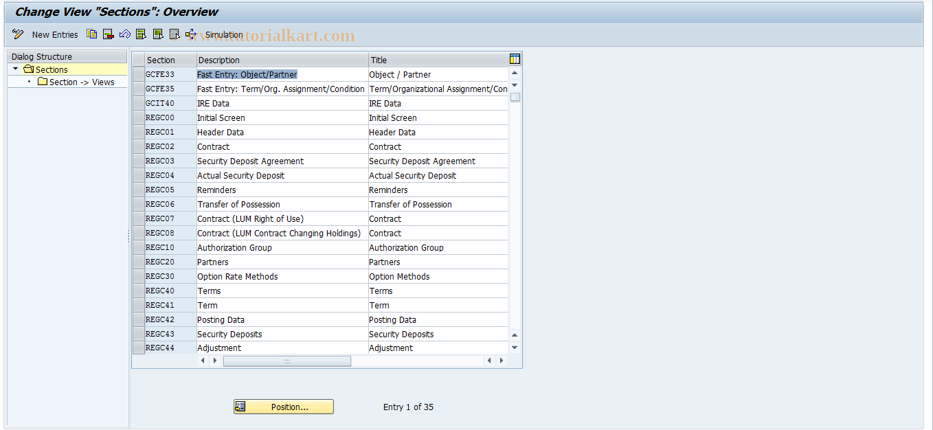 SAP TCode REGC0004 - Sections