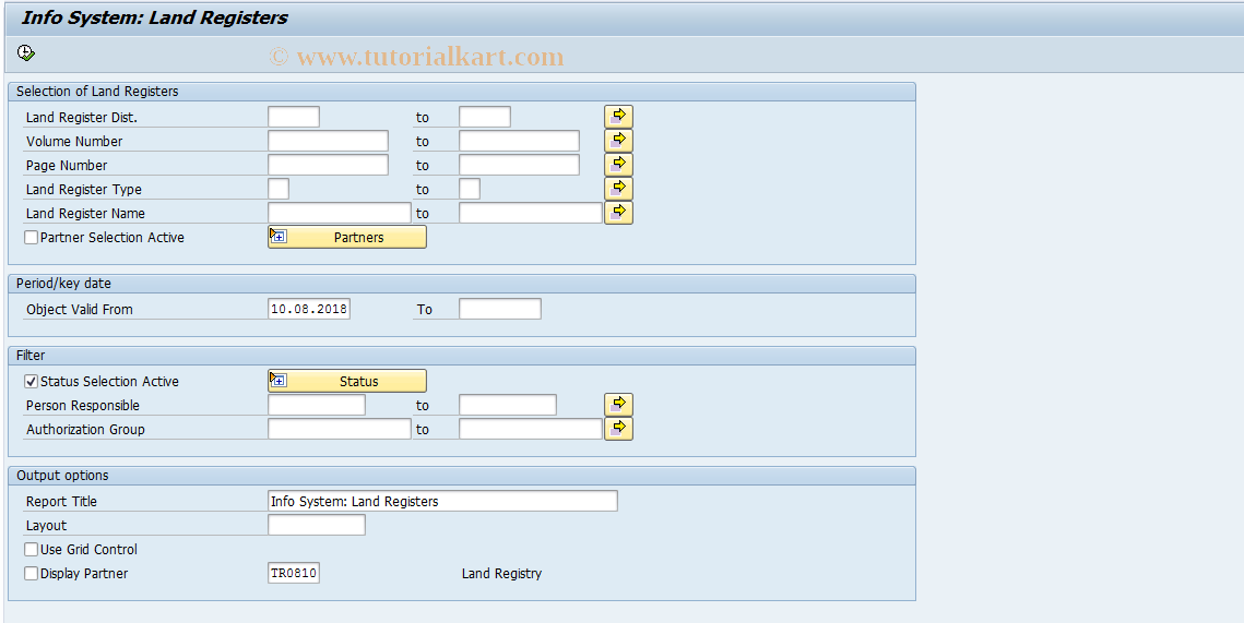 SAP TCode REISLR - Info System: Land Registers