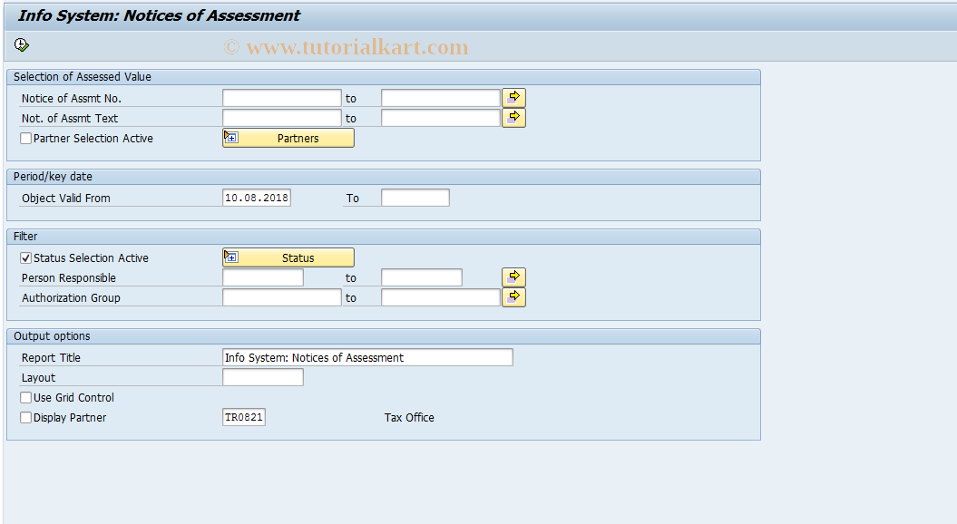 SAP TCode REISNA - Info System: Notices of Assessment