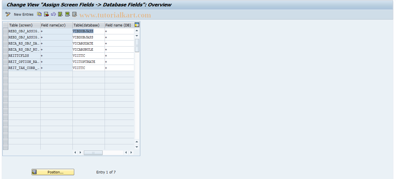 SAP TCode REITTC0011 - TC: Assgnmt Screen Field->DB Field