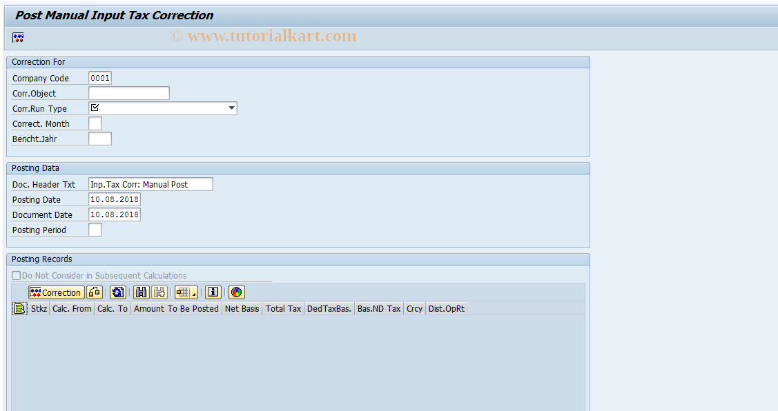 SAP TCode REITTCPOST - InpTaxCorr: Manual Posting