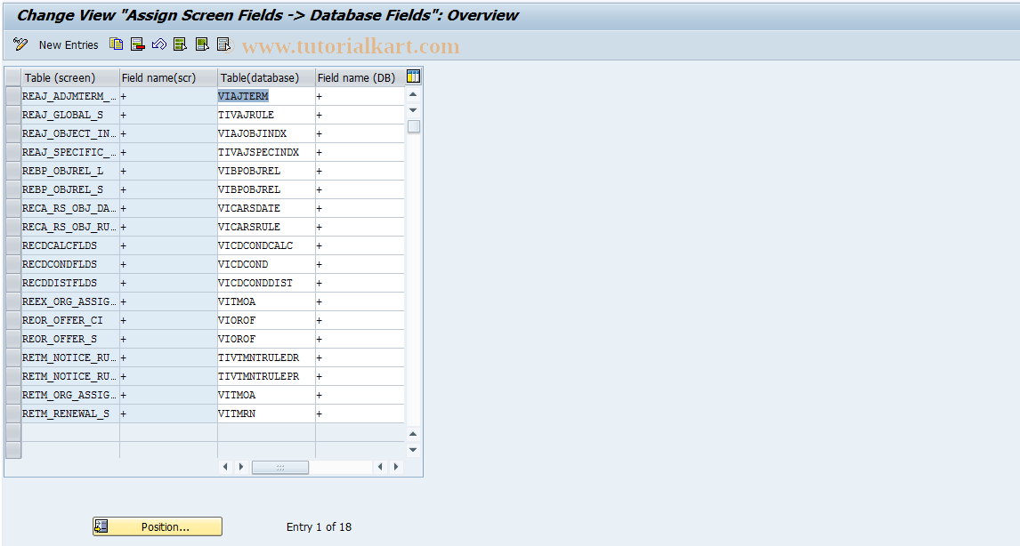 SAP TCode REOROF0011 - OF: Assignment Screen Field->DB Field