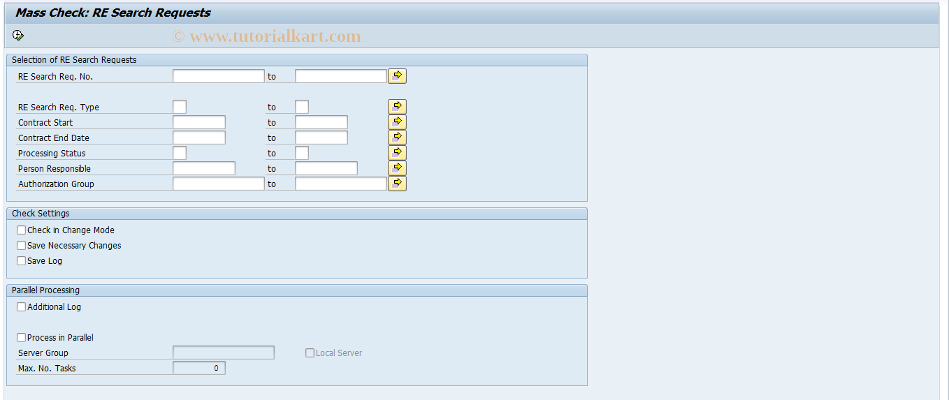 SAP TCode REORRRCHECK - Mass Check: RE Search Requests