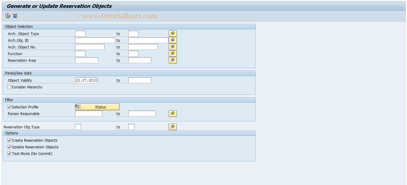 SAP TCode REORRSOBJCREATEUPD - Generate/Update Reservation Objects