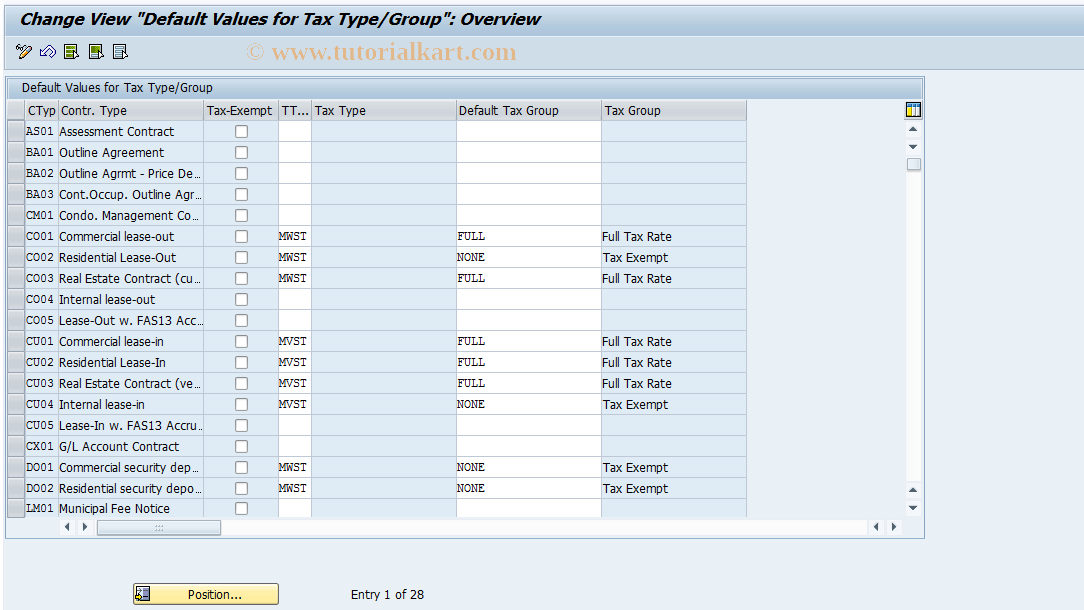 SAP TCode RERAZH - Default Values Tax Group  / Tax Type