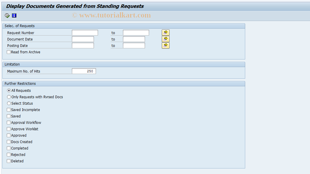 SAP TCode RFKKO2 - Display Documents from Standing Requisition 