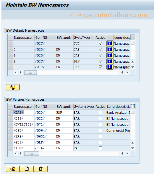 SAP TCode RSNSPACE - BW Namespace Maintenance