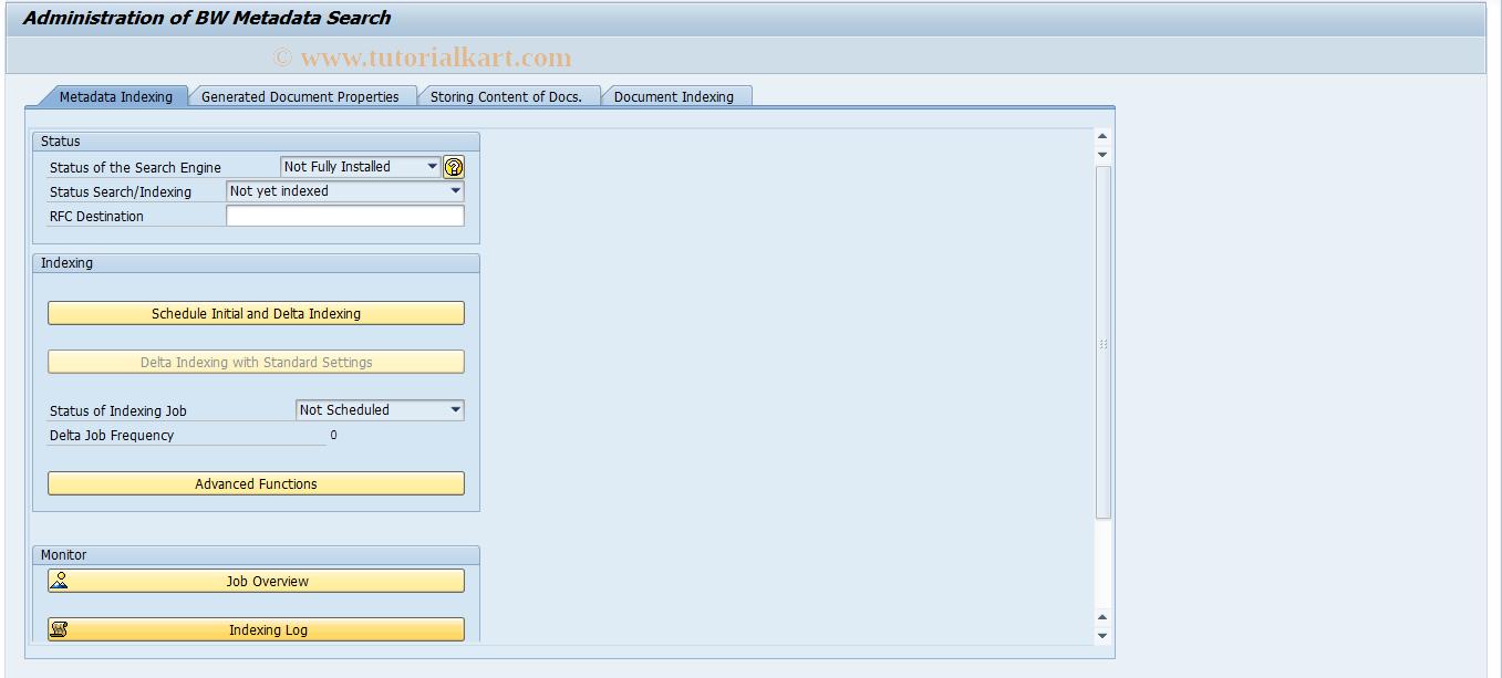 SAP TCode RSODADMIN - Metadata Search Administration