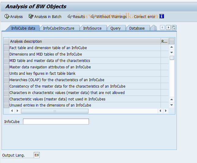SAP TCode RSRVALT - Analysis of the BW objects