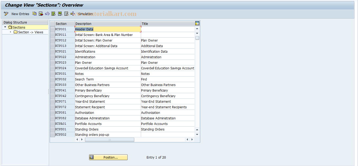 SAP TCode RTPB07 - RPUS Struct Scr Layout: Sections