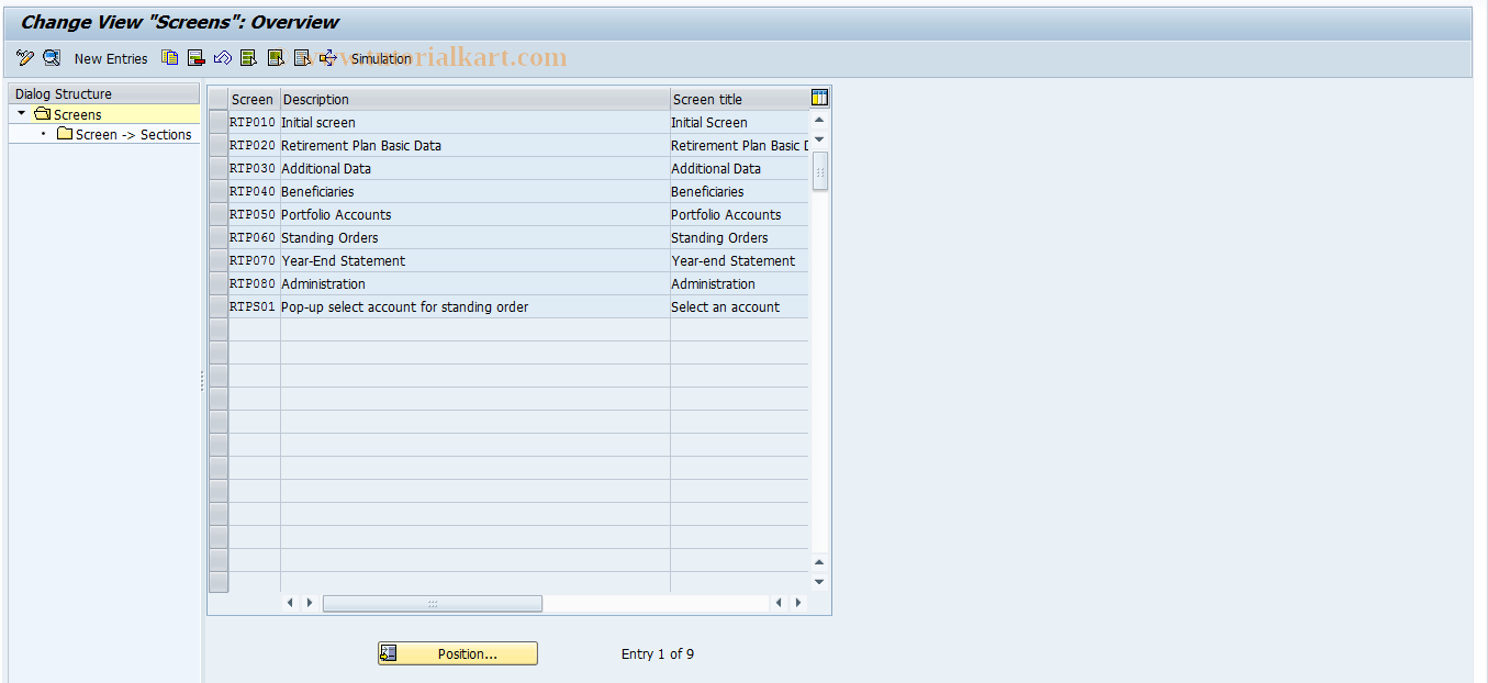 SAP TCode RTPB08 - RPUS Struct Scr Layout: Screens