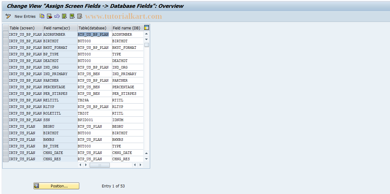 SAP TCode RTPB13 - RPUS GUI: Assignm scrn fld -> DB fld