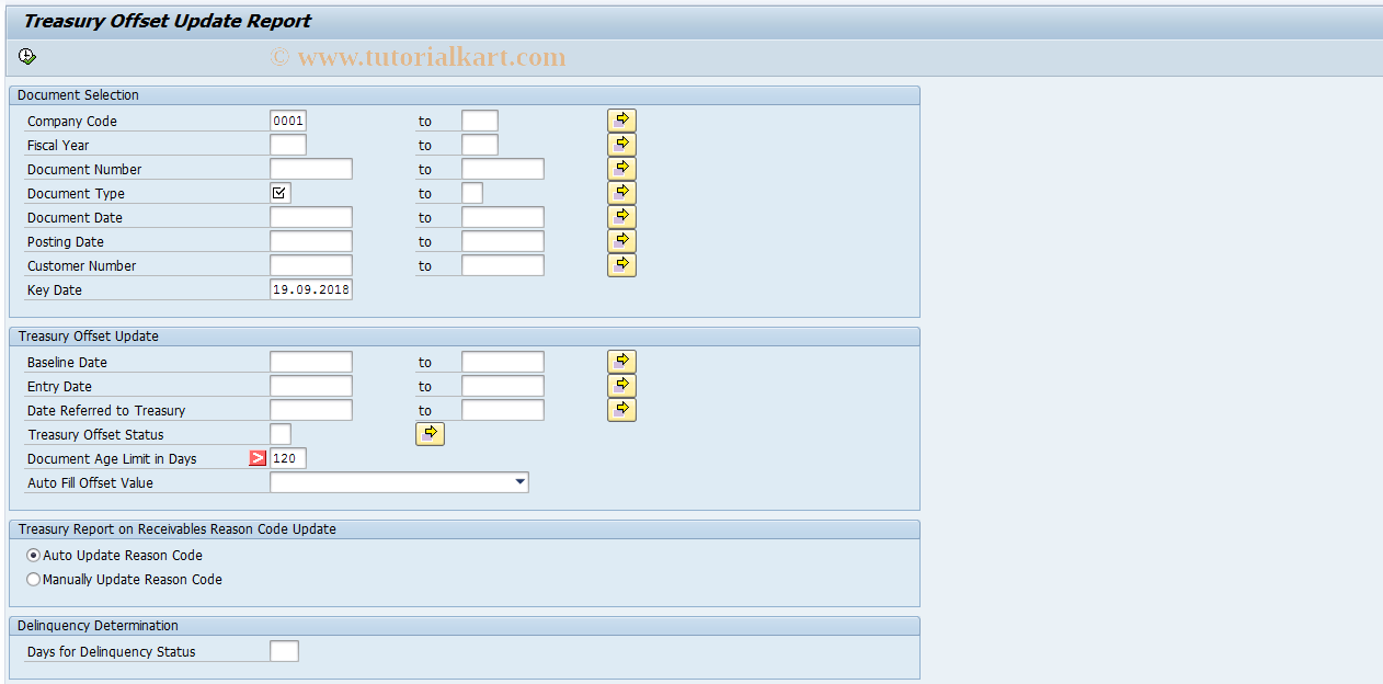 SAP TCode RTREAS_OFFSET_UPDATE - Treasury Offset Update Report