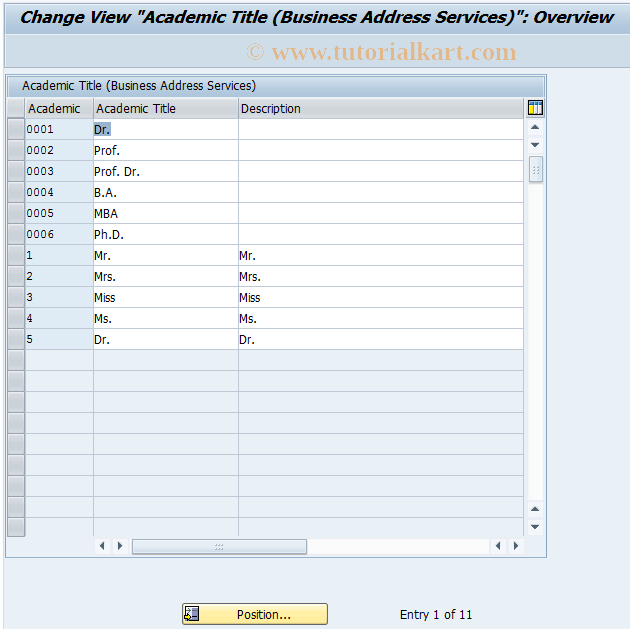 SAP TCode SA02 - Academic Title (Business  Addr. Services)