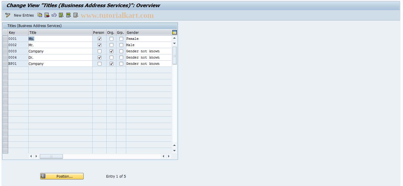 SAP TCode SA03 - Titles (Business Address Services)