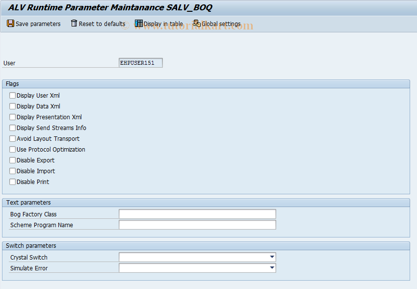 SAP TCode SALV_BO_PARAMS - BOBJ Parameters