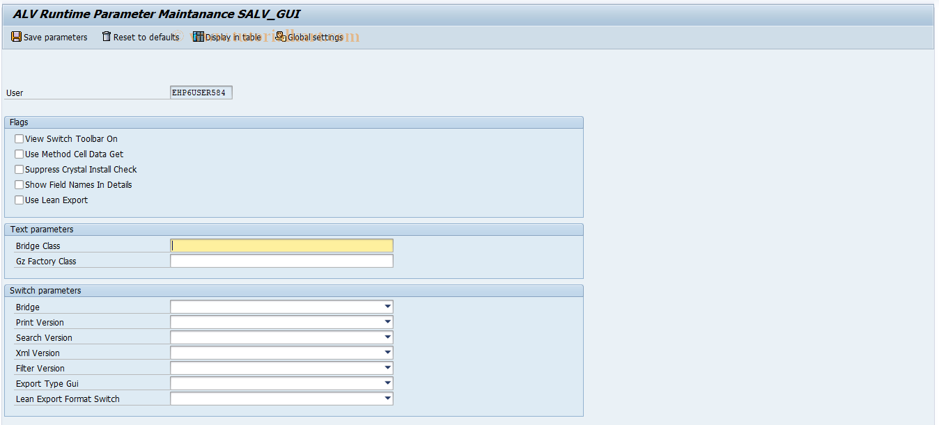 SAP TCode SALV_GUI_PARAMS - SALV_GUI Runtime Parameter Maintenance 