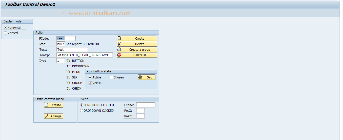 SAP TCode SAPTOOLBAR_DEMO1 - Test Transaction: Toolbar Control