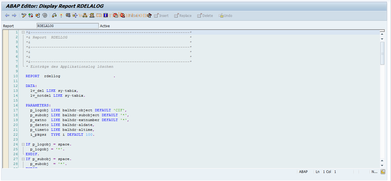 SAP TCode SE38N - SE38 with Default RDELALOG