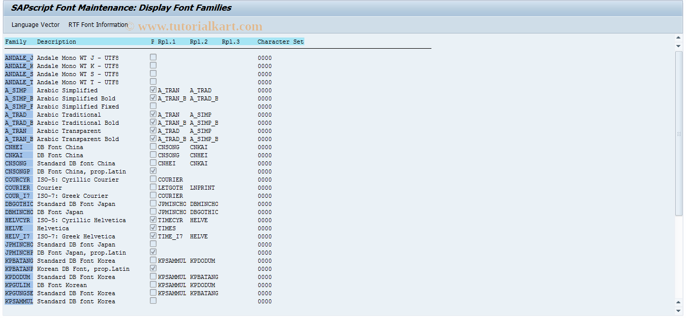 SAP TCode SE73 - SAPscript Font Maintenance