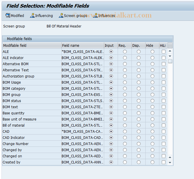 SAP TCode SFACBOM - BOM header field selection