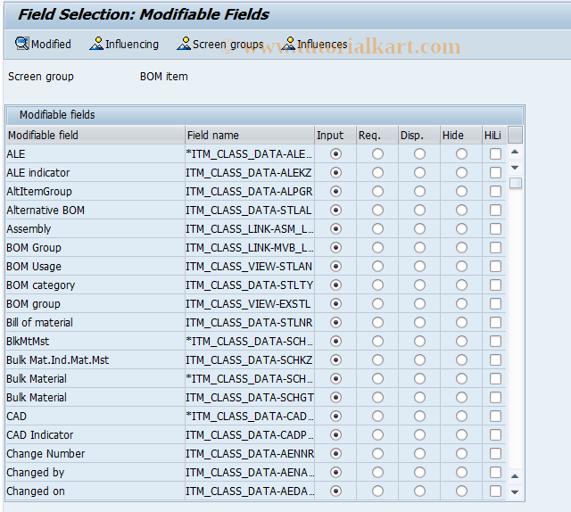 SAP TCode SFACITM - BOM item field selection