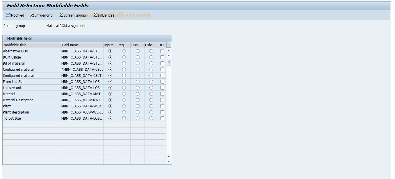 SAP TCode SFACMBM - Mat. BOM assignment field selection