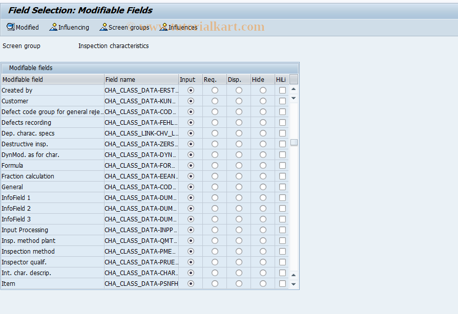 SAP TCode SFACMK - Field selection inspection characteristics