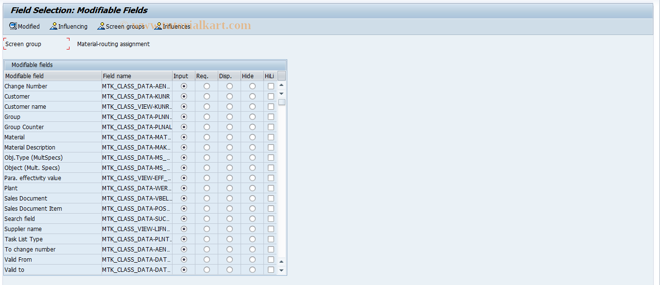 SAP TCode SFACMTK - Mat. task list assignment field selection 