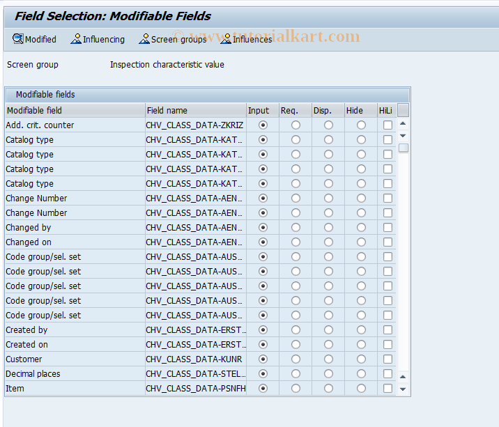 SAP TCode SFACMW - Field selection inspection characteristic values