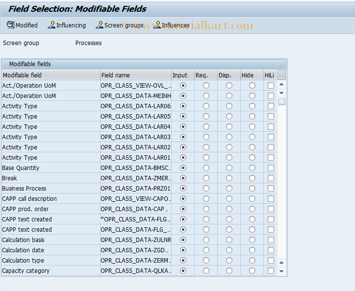 SAP TCode SFACOPR - Field selection operations