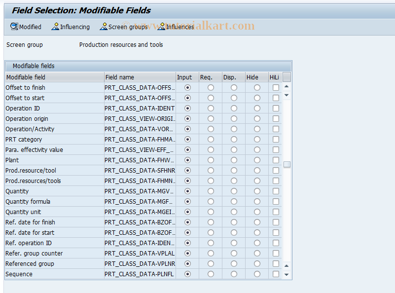 SAP TCode SFACPRT - Field selection PRT