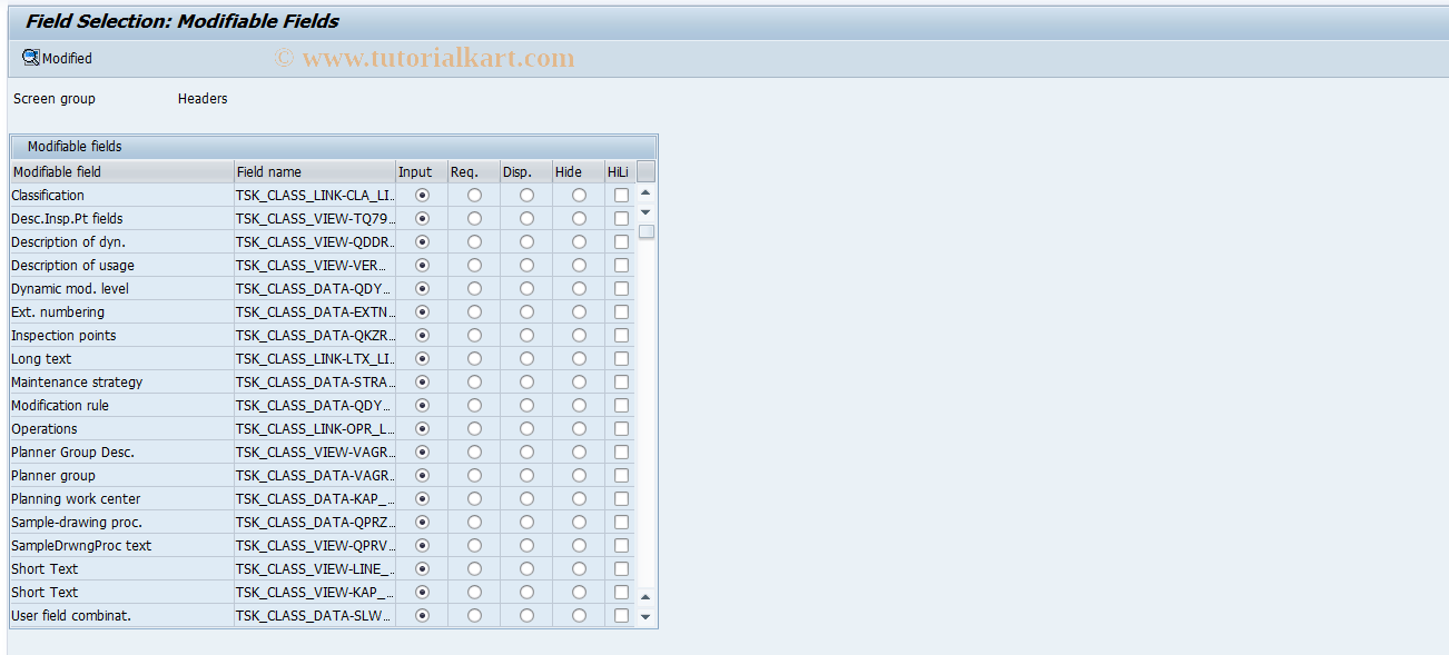 SAP TCode SFACTSK - Task list header field selection